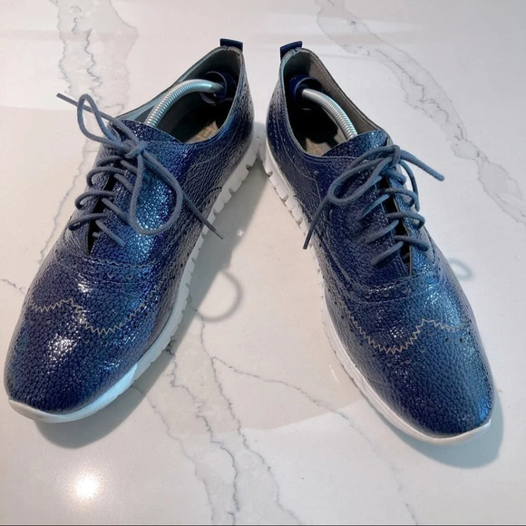 COLE HAAN Sz 10.5 B Zero Grand Blue Patent Leather Lace Up Shoes - Picture 1 of 10